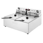 Apuro double electric fryer from a three-quarter angle, featuring stainless steel tanks, black lids, and a rear panel with digital timers.
