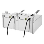 Apuro Double Fryer rear view showing two black power cables, yellow-ringed connectors, and basket handles on the stainless steel unit.