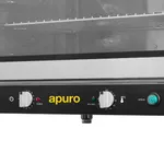Close-up of the Apuro convection oven's black control panel with yellow logo, white dials, and indicator lights.
