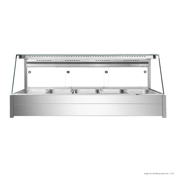 Bonvue angled countertop wet and dry bain marie with stainless steel body, curved glass front, and four food pans