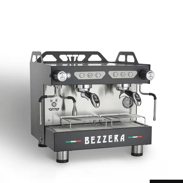 Bezzera OTTO DE black and stainless steel two-group espresso machine with cup warming rack and Italian flag logo