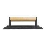 Side profile of the Delgon Sabatier 1.2kg cast iron steak weight, showing the matte black base and light wood handle.