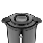Apuro Water Boiler Matt Black close-up of the lid, arched handle, side grips, and chrome spout on the matte black body