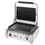 Apuro Extra Large Single Contact Grill angled close-up showing open ribbed and flat plates, stainless steel base, and digital timer controls.