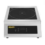 Apuro Heavy Duty Induction Hob front view showing black glass cooktop, white zone outlines, and yellow logo on stainless steel body
