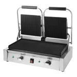Apuro Bistro Contact Grill angled front view showing black ribbed plates, chrome wire frames, and control panel with red switch.