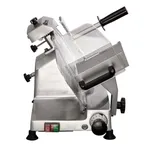 Apuro Meat Slicer - 250mm side view showing brushed stainless steel body, transparent carriage, and black rotary dial