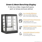 Bonvue Chilled Angled Counter Top Food Display in three-quarter view with glass door and white shelves beside feature list