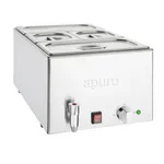 Apuro Bain Marie with Tap & Pans, angled front view showing brushed stainless steel body, three compartments, and chrome tap.