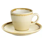 Olympia Kiln Sandstone Espresso Cup and saucer set, side view, cream ceramic with brown speckled rim