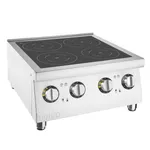 Apuro Induction Hob Four Zone angled close-up showing stainless steel body, black glass top, and four rotary knobs with yellow markings.