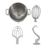 Apuro Digital Planetary Mixer accessories: stainless steel bowl, wire whisk, flat beater, and spiral dough hook