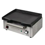 Apuro counter top electric griddle in a three-quarter view, showing the black plate, stainless steel base, and front controls.