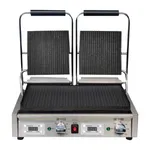 Apuro Contact Grill Double Ribbed/Flat front view with stainless steel base, dual digital displays, and black ribbed plates on chrome arms.