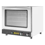 Apuro convection oven angled front view showing stainless steel body, glass door, and black control panel with yellow logo