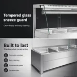 Bonvue BM17TC bain marie split graphic showing angled tempered glass sneeze guard and stainless steel unit with three recessed food pans