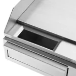 Apuro Small Countertop Griddle close-up of the stainless steel front panel with recessed handle slot and raised trim bar