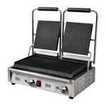 Apuro Contact Grill Double Ribbed/Ribbed from a front-three-quarter angle, showing stainless steel base, digital displays, and open ribbed lids.