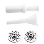 Apuro Heavy Duty Meat Mincer Size 22 accessory set close-up showing white plastic plunger, feed funnel, and two stainless steel grinding plates.