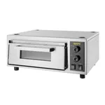 Apuro Firestone Pizza Oven - 406mm close-up showing stainless steel body, glass door, and control panel with yellow logo