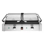 Apuro Bistro Contact Grill front view showing dual ribbed stainless steel plates, black hinge, and base controls with MIN MAX knobs