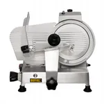 Apuro Meat Slicer - 250mm side view showing brushed stainless steel body, black handwheel, and BUFFALO logo on base