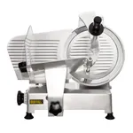 Apuro Meat Slicer - 300mm side view showing brushed stainless steel body, black Buffalo logo, and ribbed carriage with clear acrylic pusher.