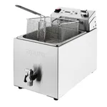 Apuro single electric fryer angled close-up showing brushed stainless steel tank, wire baskets, and rear digital timer controls.