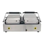 Apuro Contact Grill Double Flat Left/Ribbed Right front view with two stainless steel sections, black handles, and yellow-ringed control knobs.