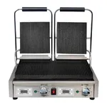Apuro Contact Grill Double Ribbed/Ribbed front view showing stainless steel base, dual ribbed plates, and digital control panel