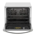 Apuro convection oven with door open, revealing interior fan units, wire racks, and control panel with yellow logo