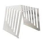 Hygiplas Chopping Board Rack in three-quarter view, showing brushed stainless steel A-frame with six vertical slots and small feet.