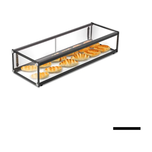 Bonvue Pre Assembled Single Layer Ambient Showcase with black metal frame and clear glass panels holding baked goods