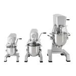 Three Apuro Digital Planetary Mixers in ascending size, featuring stainless steel bowls and black control levers.
