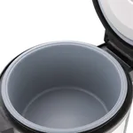 Apuro Jumbo Rice Cooker close-up with lid open, revealing the empty grey non-stick inner pot with measurement lines and black rim.
