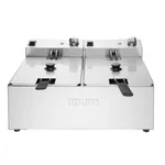 Apuro Double Fryer front view showing two stainless steel basins with black knobs and red rocker switches on the control panel.
