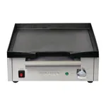 Apuro counter top electric griddle front view showing black non-stick plate, red rocker switch, and temperature dial
