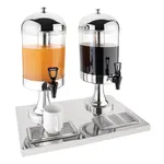 Olympia double-head juice dispenser side view with two glass tanks, stainless steel lids, and black taps on a shared base.
