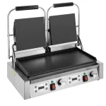 Apuro Double Contact Grill with raised black non-stick plates on stainless steel frames and dual digital control panels