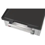 Apuro Counter Top Electric Griddle angled close-up showing black non-stick surface, stainless steel base, red switch, and temperature knob.