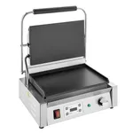 Apuro Extra Large Single Contact Grill angled close-up showing open black non-stick plates, stainless steel base, and red rocker switch.