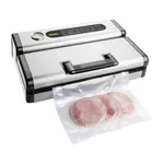 Apuro 30cm vacuum pack machine in use, front-three-quarter view of brushed stainless steel body with BORTOL logo and ham in sealed bag