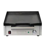 Apuro counter top electric griddle front view showing stainless steel panel, red switch, and temperature dial