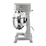 Apuro 30Ltr Digital Planetary Mixer front view with stainless steel bowl, wire whisk, and grey control panel