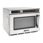 Apuro 1800W microwave oven in a three-quarter front view, showing the stainless steel body, digital display, and red and green control buttons.