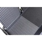 Close-up of the open Apuro Contact Grill showing the flat left plate and ribbed right plate with dark grey non-stick surfaces.