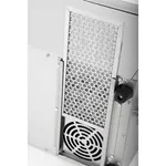 Apuro Induction Fryer rear panel close-up showing stainless steel ventilation grille, round fan vent, and black rotary control knob.