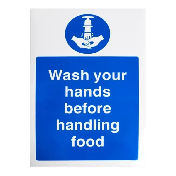 Vogue Wash Hands Before Handling Food Sign Self-Adhesive-300x200mm 11 3/4x7 3/4"