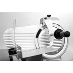 Apuro Meat Slicer 250mm side profile close-up showing white ribbed body, clear blade guard, and black handle