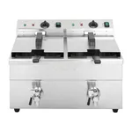 Apuro Double Induction Fryer front view showing two basins with black baskets, rotary dials, and chrome drain taps.